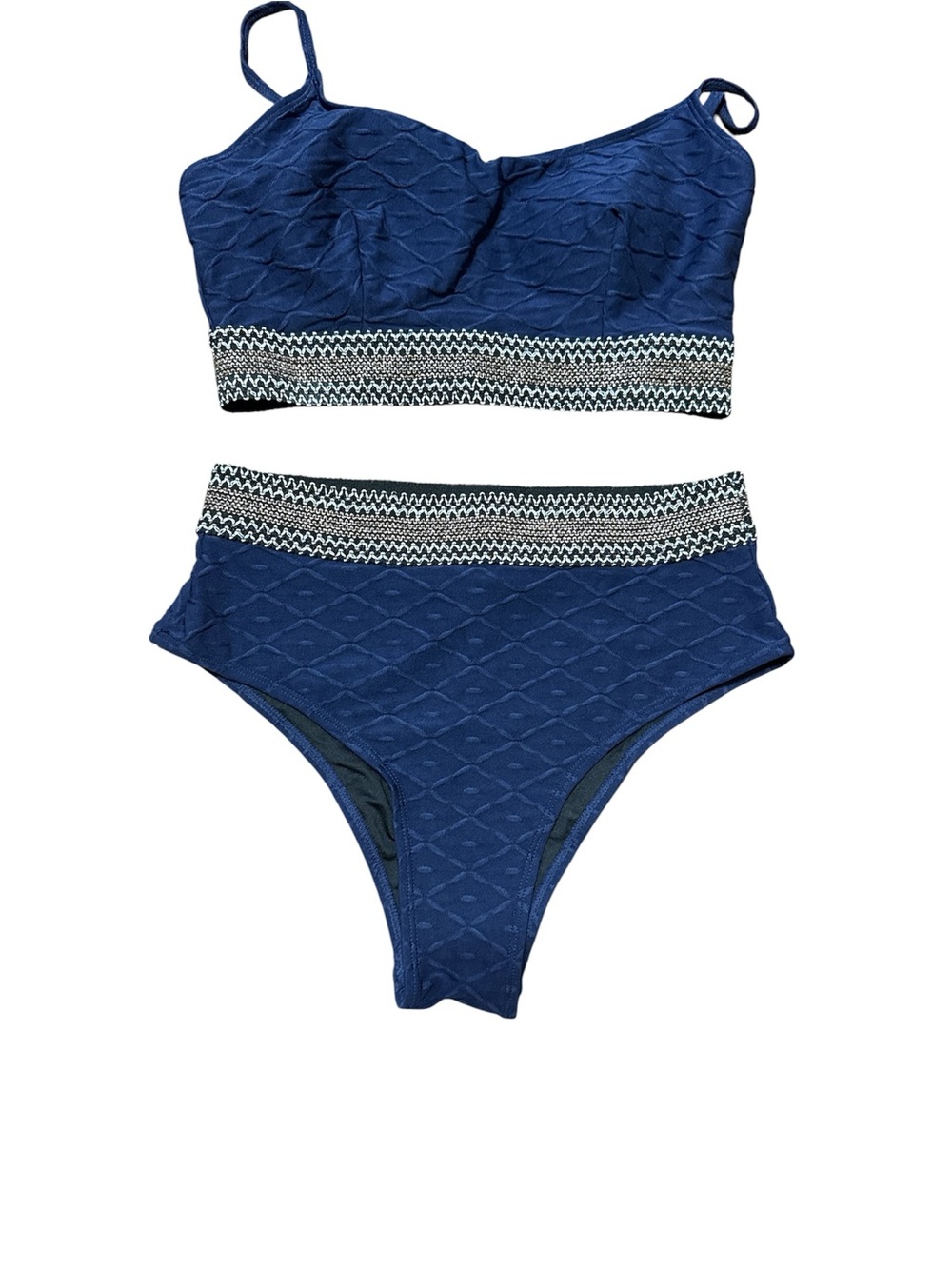 Cupshe Navy Textured Two-Piece Bikini with Chevron Trim M NWT